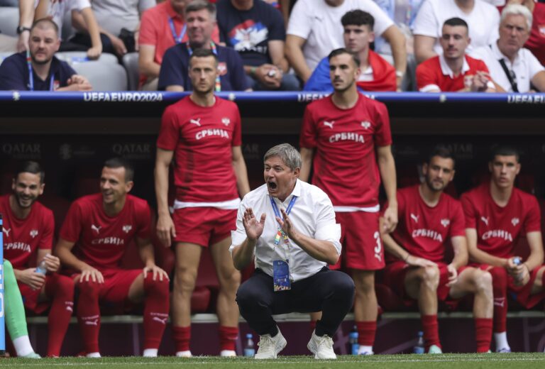 Head coach Dragan Stojkovic (C) of Serbia reacts during the UEFA EURO 2024 group stage match between Slovenia and Serbia at Munich Football Arena on June 20, 2024 in Munich, Germany. (Photo by Pedja Milosavljevic/DeFodi Images) 
MISTRZOSTWA EUROPY W PILCE NOZNEJ EURO 2024 MECZ SLOWENIA VS SERBIA
FOT.DEFODI IMAGES/newspix.pl / 400mm.pl
POLAND ONLY!

---
newspix.pl / 400mm.pl