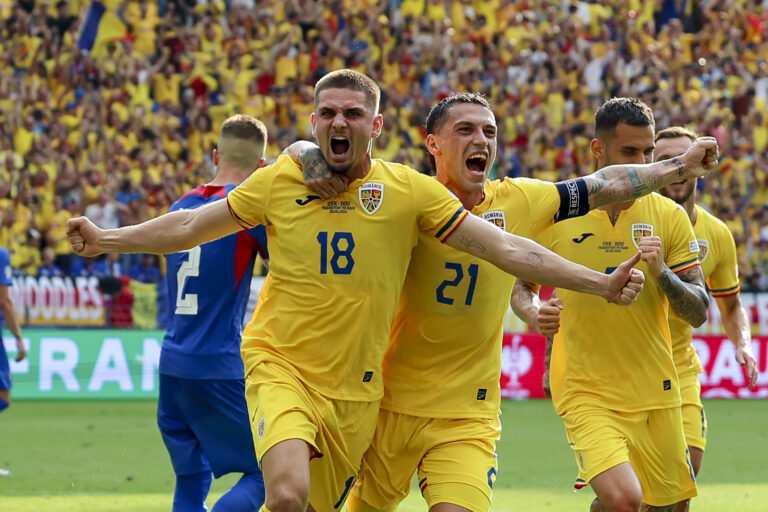 Razvan Marin (Romania) bejubelt seinen Treffer zum 1:1 mit Nicolae Stanciu (Romania) waehrend des Spiels der UEFA EURO 2024 - Gruppe E zwischen Slowakei und RumĂ¤nien, Arena Frankfurt am 26. June 2024 in Frankfurt am Main, Deutschland. (Foto von Marco Steinbrenner/DeFodi Images)     

Razvan Marin (Romania) celebrates after scoring his teams first goal with Nicolae Stanciu (Romania) during the UEFA EURO 2024 - Group E match between Slovakia and Romania at Arena Frankfurt on June 26, 2024 in Frankfurt am Main, Germany. (Photo by Marco Steinbrenner/DeFodi Images)  
PILKA NOZNA EURO MISTRZOSTWA EUROPY RUMUNIA - SLOWACJA
FOT. DEFODI IMAGES/newspix.pl / 400mm.pl
POLAND ONLY!
---
newspix.pl / 400mm.pl