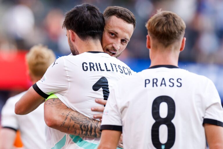 BERLIN, GERMANY - JUNE 25: Romano Schmid of Austria celebrating with Marko Arnautovic of Austria during the UEFA EURO 2024 group stage match between Netherlands and Austria at Olympiastadion on June 25, 2024 in Berlin, Germany. (Photo by Marcel ter Bals/DeFodi Images) 
PILKA NOZNA EURO MISTRZOSTWA EUROPY AUSTRIA - HOLANDIA
FOT. DEFODI IMAGES/newspix.pl / 400mm.pl
POLAND ONLY!
---
newspix.pl / 400mm.pl