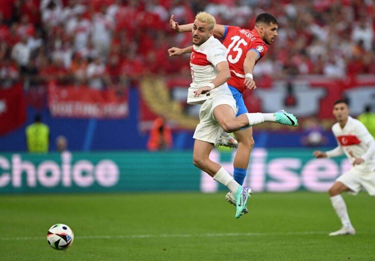 HAMBURG, GERMANY - JUNE 26: David Jurasek (15) of Czechia in action against Baris Alper Yilmaz (21) of Turkiye during the UEFA EURO 2024 group stage match between Czechia and Turkiye at Volksparkstadion on June 26, 2024 in Hamburg, Germany. Oguz Yeter / Anadolu/ABACAPRESS.COM 
PILKA NOZNA EURO MISTRZOSTWA EUROPY CZECHY - TURCJA
FOT. ABACA/newspix.pl / 400mm.pl
POLAND ONLY!
---
newspix.pl / 400mm.pl