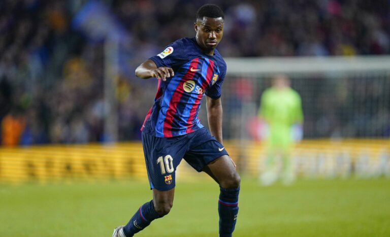 Ansu Fati of FC Barcelona during the La Liga match between FC Barcelona and Girona FC played at Spotify Camp Nou Stadium on April 10, 2023 in Barcelona, Spain. (Photo by Sergio Ruiz / PRESSIN) 
LIGA HISZPANSKA PILKA NOZNA SEZON 2022/2023
FOT. PRESSINPHOTO/newspix.pl / 400mm.pl

POLAND ONLY !!!
---
newspix.pl / 400mm.pl