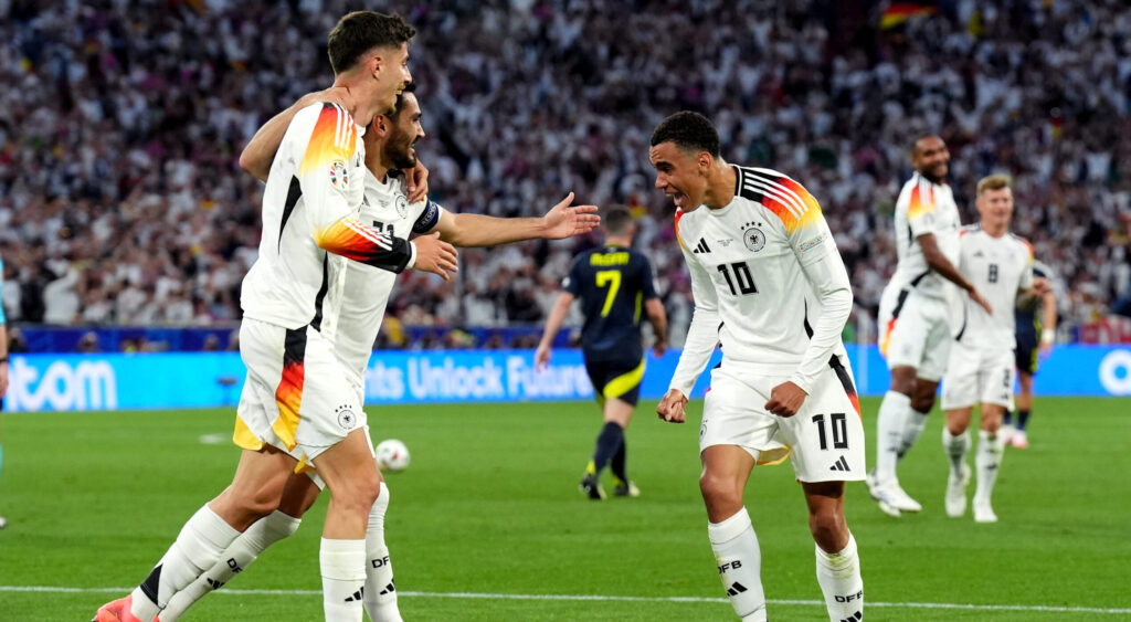 Germany&#039;s Jamal Musiala (right) celebrates scoring their side&#039;s second goal of the game during the UEFA Euro 2024 Group A match at the Munich Football Arena in Munich, Germany. Picture date: Friday June 14, 2024.,Image: 881666673, License: Rights-managed, Restrictions: Use subject to restrictions. Editorial use only, no commercial use without prior consent from rights holder., Model Release: no, Credit line: Andrew Milligan / PA Images / Forum