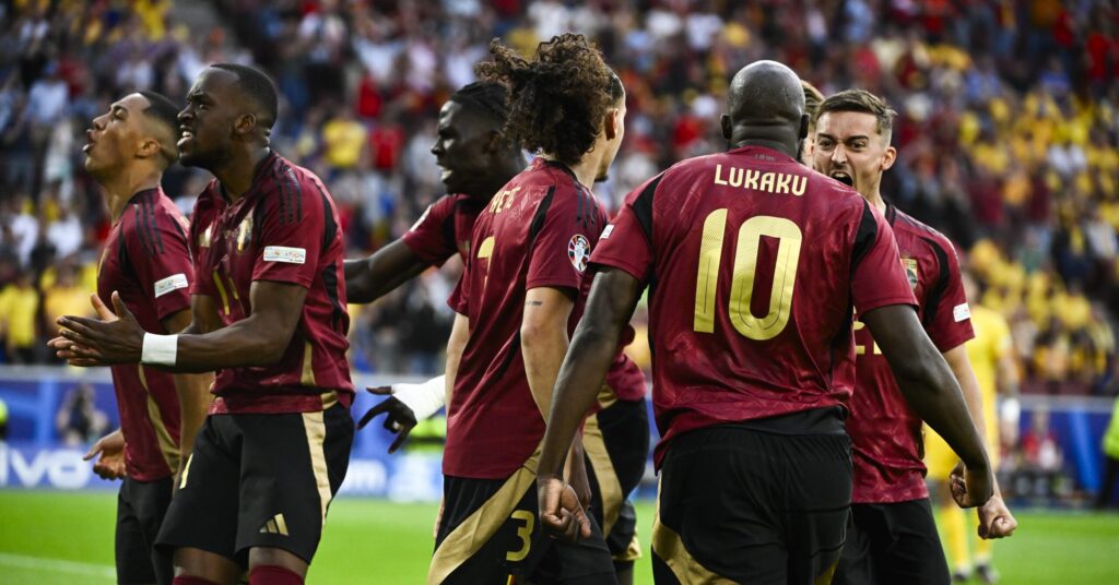 Belgium&#039;s Romelu Lukaku, Belgium&#039;s Youri Tielemans, Belgium&#039;s Dodi Lukebakio and Belgium&#039;s Timothy Castagne celebrate after scoring during a soccer game between Belgian national soccer team Red Devils and Romania, Saturday 22 June 2024 in Cologne, Germany, the second match in the group stage of the UEFA Euro 2024 European championships.,Image: 883919850, License: Rights-managed, Restrictions: , Model Release: no, Credit line: DIRK WAEM / Belga Press / Forum