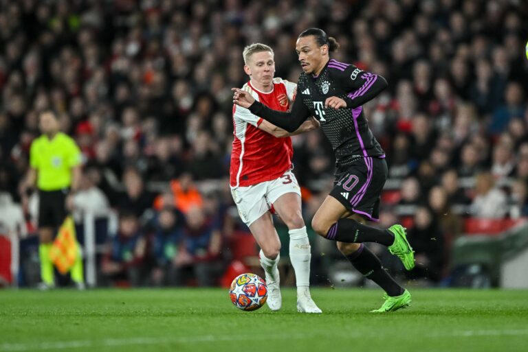 Oleksandr Zinchenko (Arsenal FC) und Leroy Sane (FC Bayern Muenchen) im Zweikampf waehrend des Viertelfinale Hinspiels der UEFA Champions League 2023/24 zwischen FC Arsenal und FC Bayern Muenchen im Emirates Stadion am 09. April 2024 in London, Grossbritannien. (Foto von Vincent Mignott/DeFodi Images)

Oleksandr Zinchenko (Arsenal FC) und Leroy Sane (FC Bayern Muenchen) battle for the ball during the UEFA Champions League 2023/24 - Quarter-final First Leg match between Arsenal FC vs FC Bayern München at Emirates Stadium on April 9, 2024 in London, United Kingdom. (Photo by Vincent Mignott/DeFodi Images)  
LIGA MISTRZOW UEFA PILKA NOZNA SEZON 2023/2024
FOT. DEFODI IMAGES/newspix.pl / 400mm.pl

POLAND ONLY !!!
---
newspix.pl / 400mm.pl