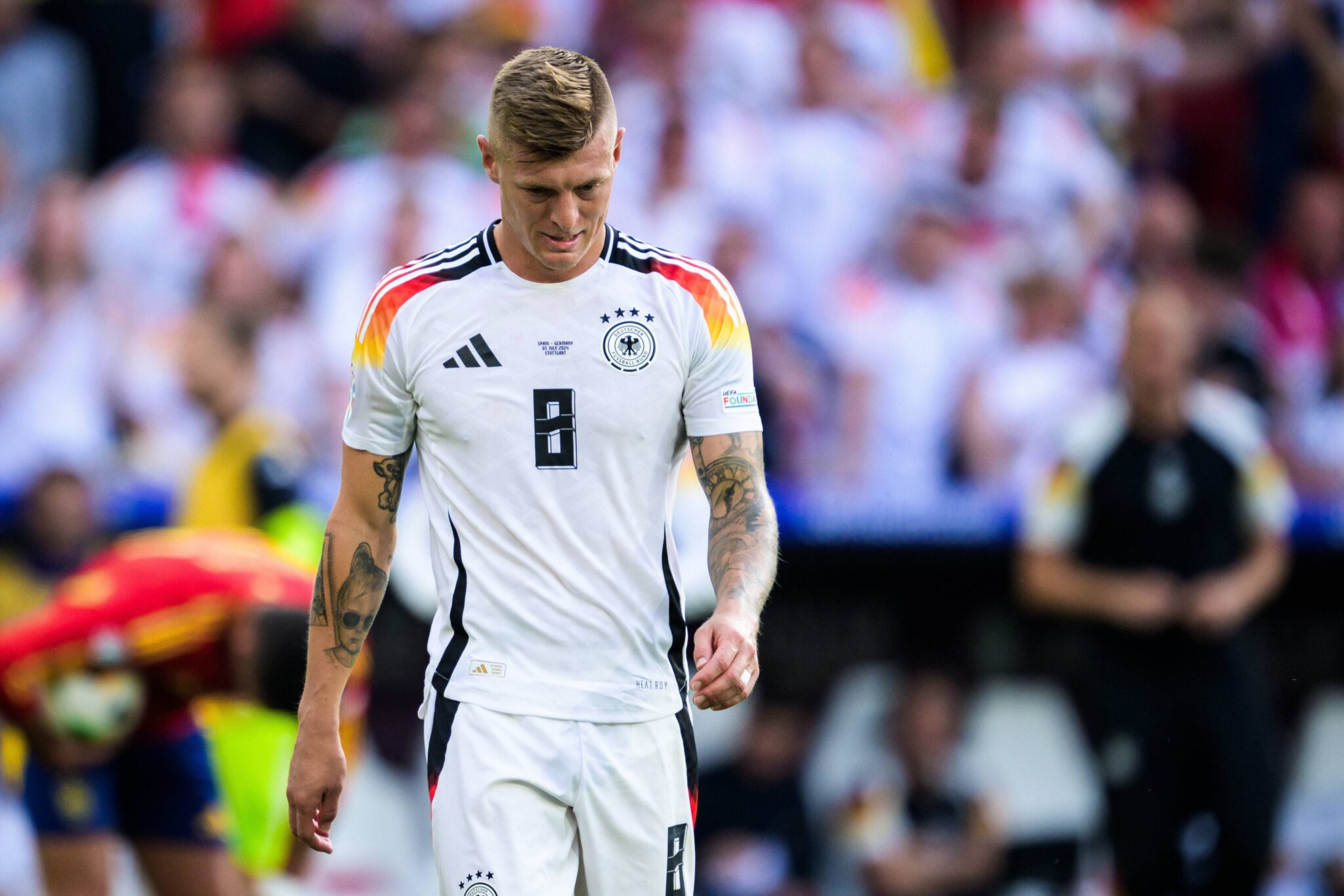 July 5, 2024, Stuttgart, Germany: 240705 Toni Kroos of Germany looks dejected during the UEFA Euro 2024 Football Championship quarterfinal between Spain and Germany on July 5, 2024 in Stuttgart. .Photo: Mathias Bergeld / BILDBYRÃ…N / kod MB / MB0942.fotboll football soccer fotball fotbolls-em europamÃ¤sterskap em uefa euro uefa european football championship euro 2024 kvartsfinal quarterfinal quarterfinals spanien spain tyskland germany bbeng bbauto depp (Credit Image: © Mathias Bergeld/Bildbyran via ZUMA Press) 
PILKA NOZNA EURO MISTRZOSTWA EUROPY NIEMCY - HISZPANIA