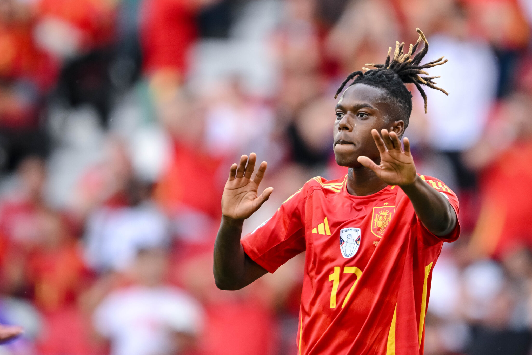 Nico Williams (Spain) gestikuliert, gestik waehrend des Viertelfinales der UEFA EURO 2024 zwischen Spanien und Deutschland, Arena Stuttgart am 05. July 2024 in Stuttgart, Deutschland. (Foto von Harry Langer/DeFodi Images)     

Nico Williams (Spain) gestures during the UEFA EURO 2024 - Quarter-final match between Spain and Germany at Arena Stuttgart on July 5, 2024 in Stuttgart, Germany. (Photo by Harry Langer/DeFodi Images)  
PILKA NOZNA EURO MISTRZOSTWA EUROPY NIEMCY - HISZPANIA
FOT. DEFODI IMAGES/newspix.pl / 400mm.pl
POLAND ONLY!
---
newspix.pl / 400mm.pl