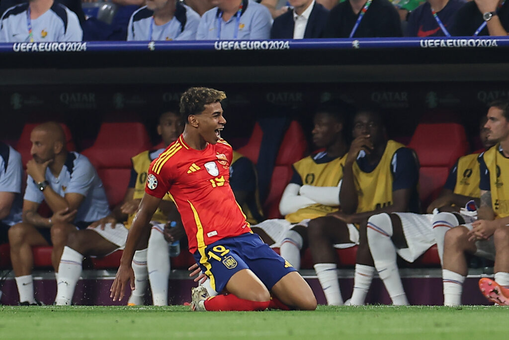 Lamine Yamal of Spain celebrates ofter scoring a goal during the UEFA EURO 2024  match between Spain and France at Allianz Arena (Munich).
Final score: Full time, Spain 2:1 France