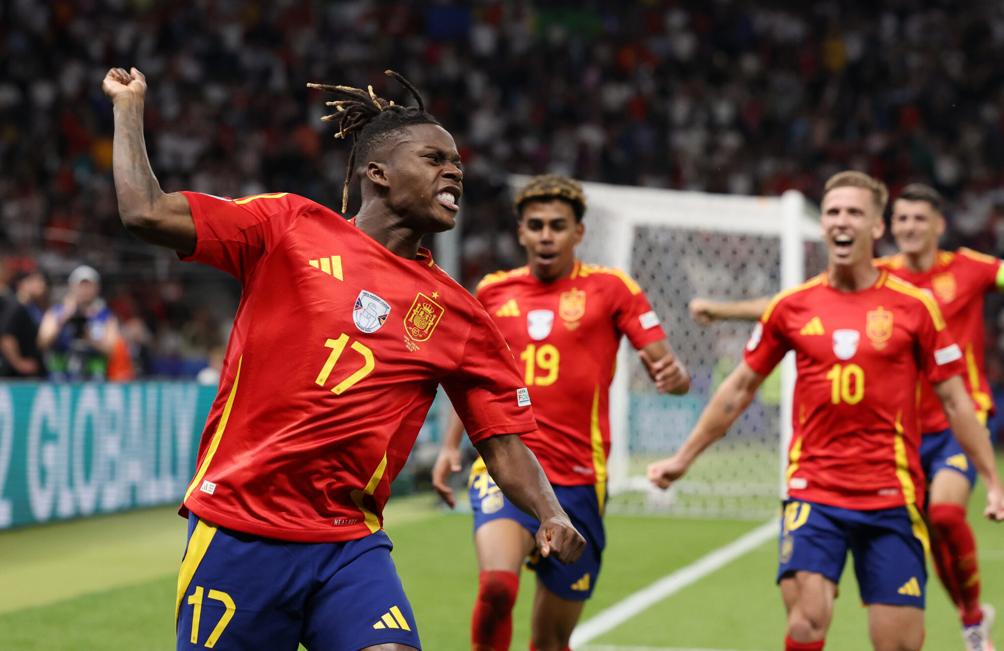 July 14, 2024, Berlin: Berlin, Germany, 14th July 2024. Nico Williams of Spain (L) celebrates after scoring the opening goal during the UEFA European Championships final match at Olympiastadion, Berlin. Picture: Paul Terry / Sportimage,Image: 889715044, License: Rights-managed, Restrictions: * United Kingdom Rights OUT *, Model Release: no, Credit line: Paul Terry / Zuma Press / Forum