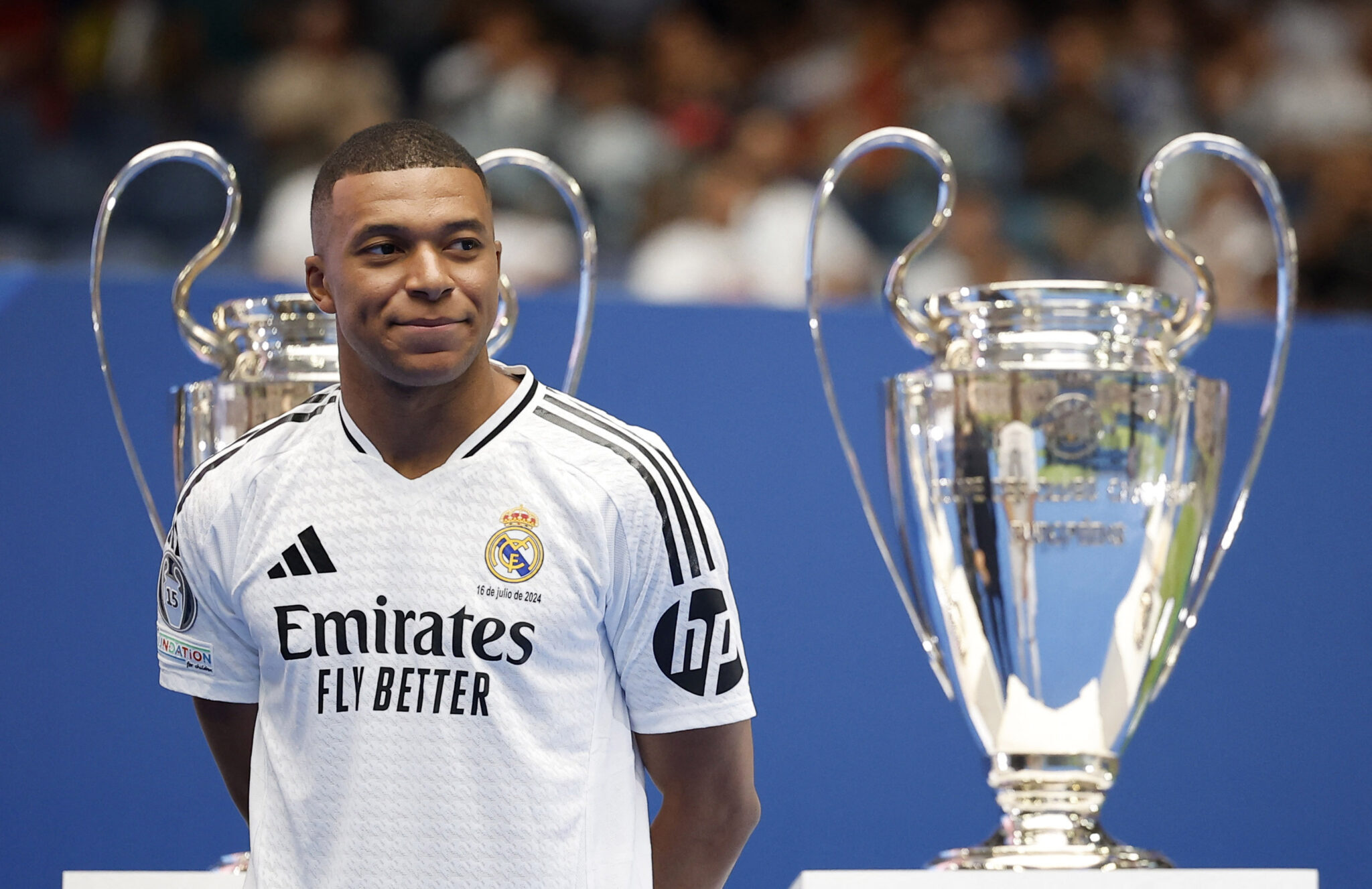 Soccer Football - Real Madrid unveil Kylian Mbappe - Santiago Bernabeu, Madrid, Spain - July 16, 2024 New Real Madrid signing Kylian Mbappe during the presentation,Image: 890010237, License: Rights-managed, Restrictions: , Model Release: no, Credit line: Juan Medina / Reuters / Forum