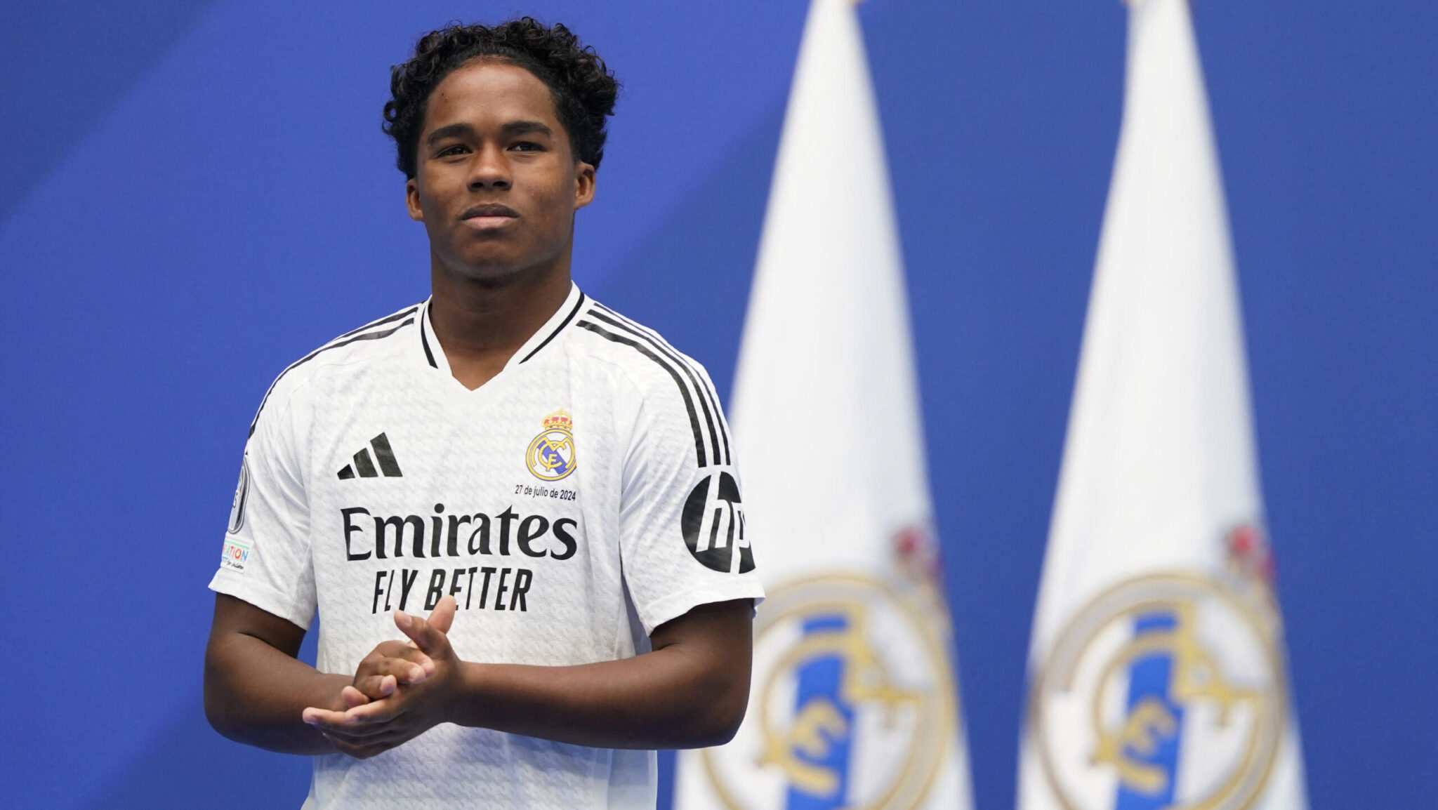 Soccer Football - Real Madrid unveil Endrick - Santiago Bernabeu, Madrid, Spain - July 27, 2024 Real Madrid new signing Endrick during the presentation,Image: 892954397, License: Rights-managed, Restrictions: , Model Release: no, Credit line: Ana Beltran / Reuters / Forum