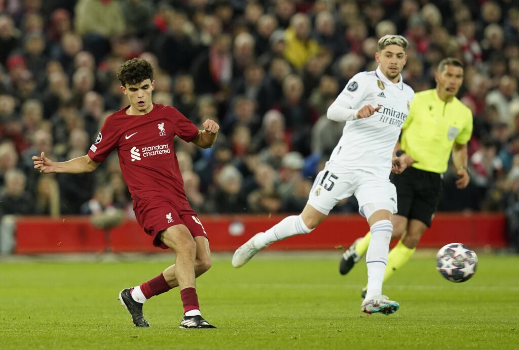 February 21, 2023, Liverpool: Liverpool, England, 21st February 2023. Stefan Bajcetic of Liverpool and Federico Valverde of Real Madrid during the UEFA Champions League match at Anfield, Liverpool. (Credit Image: © Andrew Yates/CSM via ZUMA Press Wire) 
LIGA MISTRZOW UEFA PILKA NOZNA SEZON 2022/2023
FOT. ZUMA/newspix.pl / 400mm.pl

POLAND ONLY !!!
---
newspix.pl / 400mm.pl