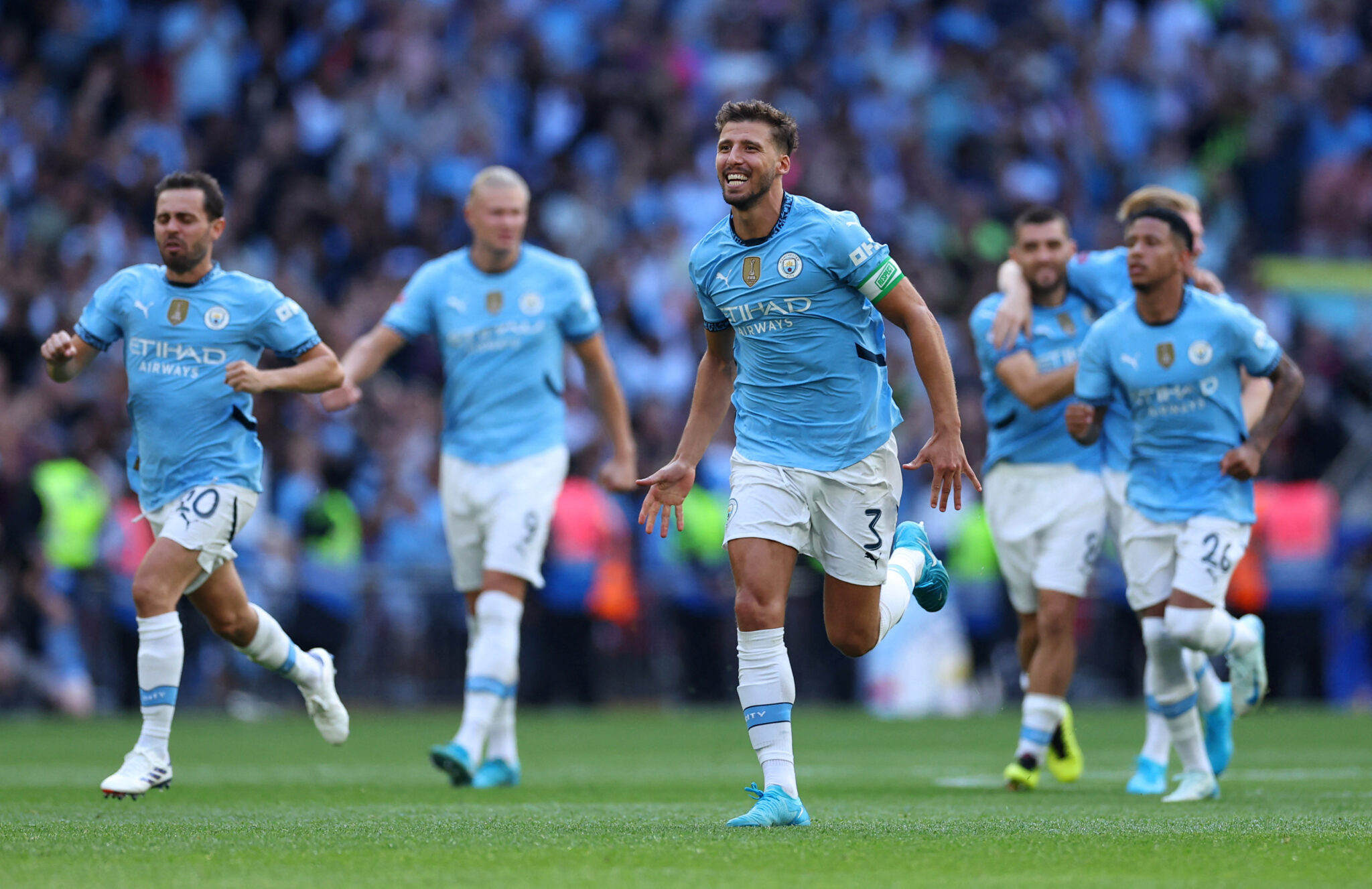 Soccer Football - Community Shield - Manchester United v Manchester City - Wembley Stadium, London, Britain - August 10, 2024 Manchester City&#039;s Ruben Dias celebrates after winning the Community Shield,Image: 897622244, License: Rights-managed, Restrictions: , Model Release: no, Credit line: Toby Melville / Reuters / Forum