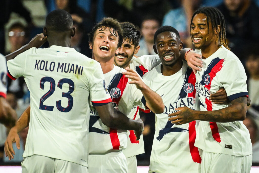 August 16, 2024, Le Havre, France, France: Ousmane DEMBELE of PSG celebrate his goal with teammates during the Ligue 1 match between Le Havre AC and Paris Saint-Germain (PSG) at Oceane Stadium on August 16, 2024 in Le Havre, France.,Image: 899296256, License: Rights-managed, Restrictions: , Model Release: no, Credit line: Matthieu Mirville / Zuma Press / Forum