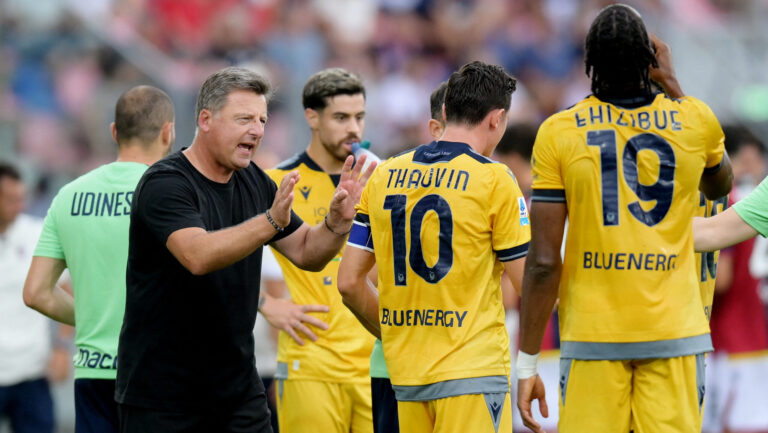 Soccer Football - Serie A - Bologna v Udinese - Stadio Renato Dall&#039;Ara, Bologna, Italy - August 18, 2024 Udinese coach Kosta Runjaic talks to Florian Thauvin and Kingsley Ehizibue,Image: 899687225, License: Rights-managed, Restrictions: , Model Release: no, Credit line: Daniele Mascolo / Reuters / Forum