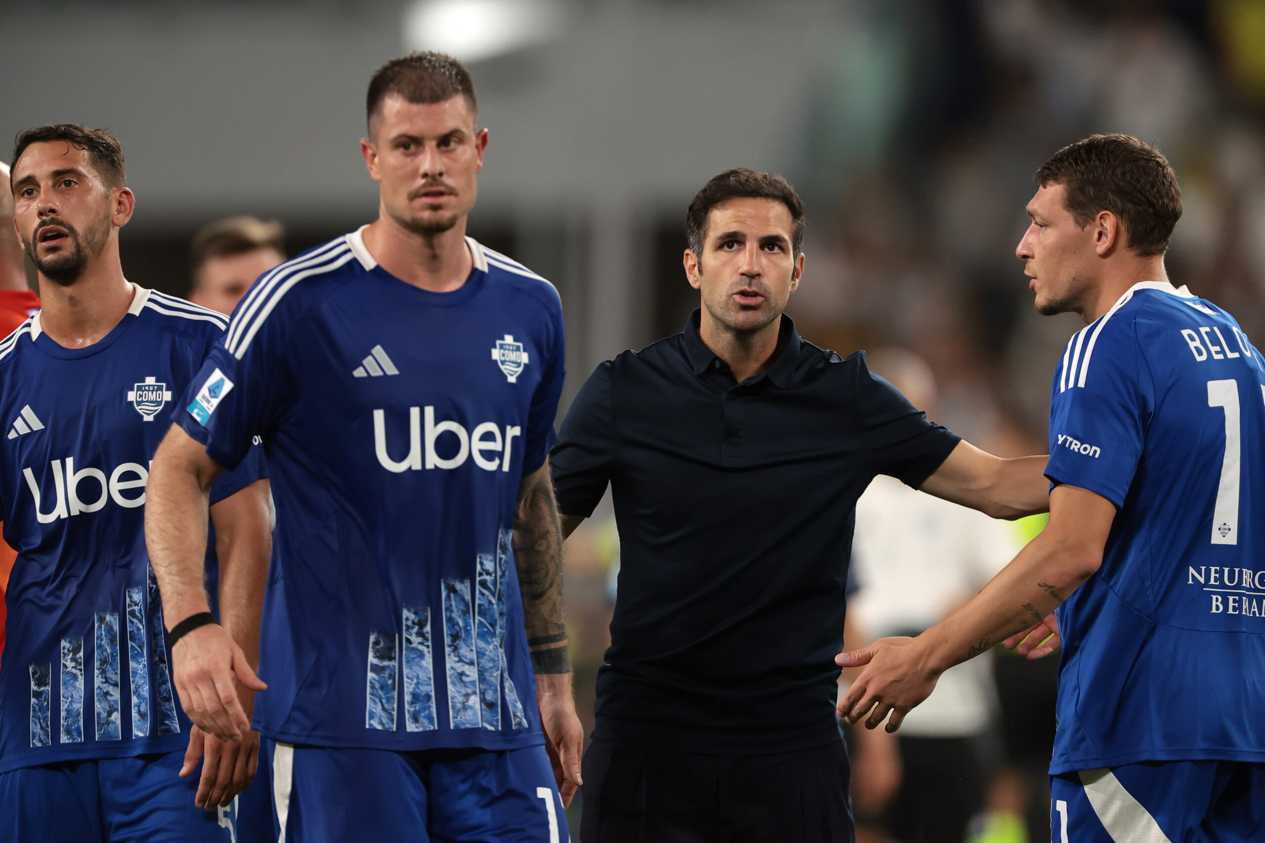 August 19, 2024, Turin: Turin, Italy, 19th August 2024. Cesc Fabregas Head coach of Como 1907 orders his players to salute the fans following the final whistle of the Serie A match at Allianz Stadium, Turin.,Image: 900009117, License: Rights-managed, Restrictions: * United Kingdom Rights OUT *, Model Release: no, Credit line: Jonathan Moscrop / Zuma Press / Forum