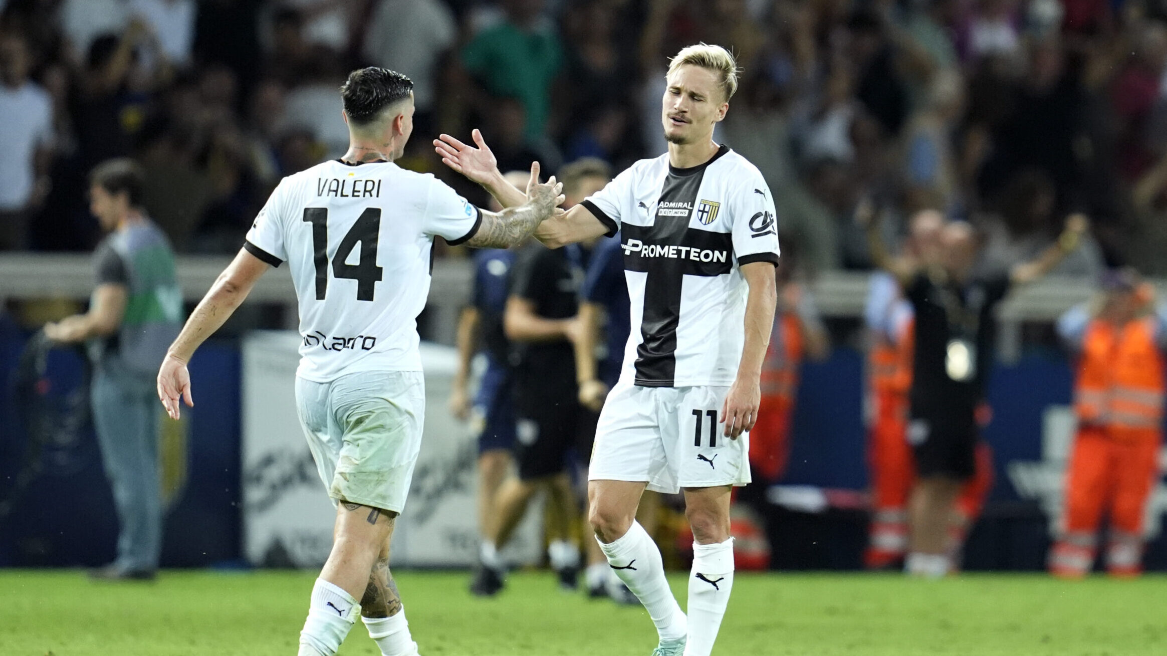 Emanuele Valeri (Parma Calcio) and Pontus Almqvist (Parma Calcio) celebrate after winning during the Serie A match between Parma and AC Milan at Ennio Tardini on August 24, 2024 in Parma, Italy.   (Photo by Matteo Ciambelli/DeFodi Images)  
LIGA WLOSKA PILKA NOZNA SEZON 2024/2025
FOT. DEFODI IMAGES/newspix.pl / 400mm.pl

POLAND ONLY !!
---
newspix.pl / 400mm.pl