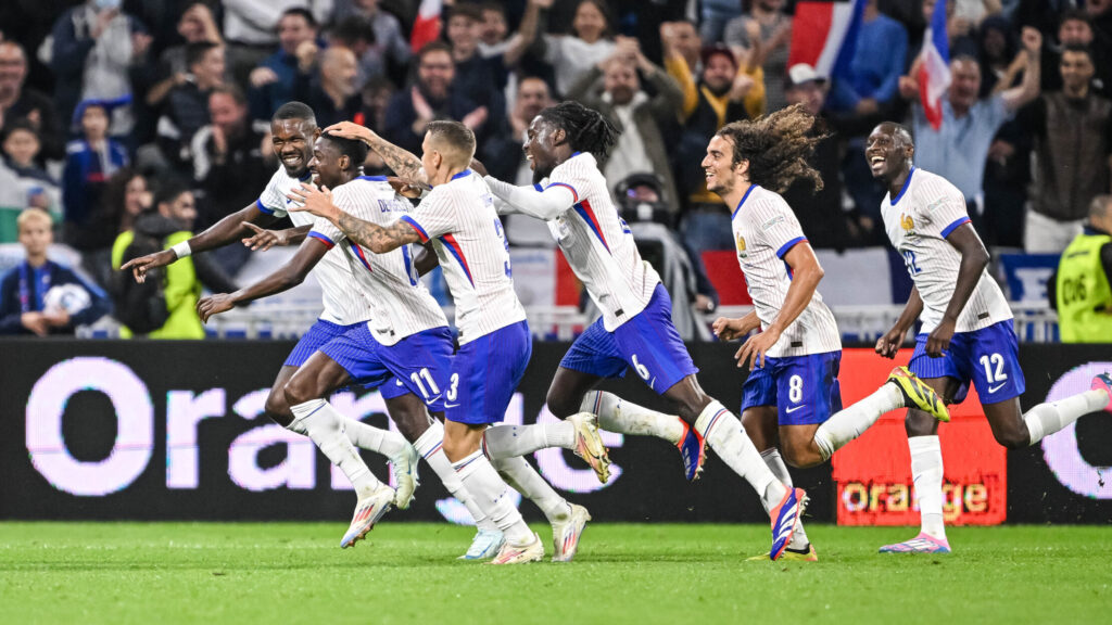 Ousmane Dembélé (France) celebrates after scoring his team&#039;s second goal with teammates during the UEFA Nations League 2024/2025 League A - Group 2 match between France and Belgium at Groupama-Stadion on September 9, 2024 in Lyon , France.  (Photo by Harry Langer/DeFodi Images)  
LIGA NARODOW UEFA PILKA NOZNA SEZON 2024/2025
FRANCJA v BELGIA
FOT. DEFODI IMAGES/newspix.pl / 400mm.pl

POLAND ONLY !!
---
newspix.pl / 400mm.pl