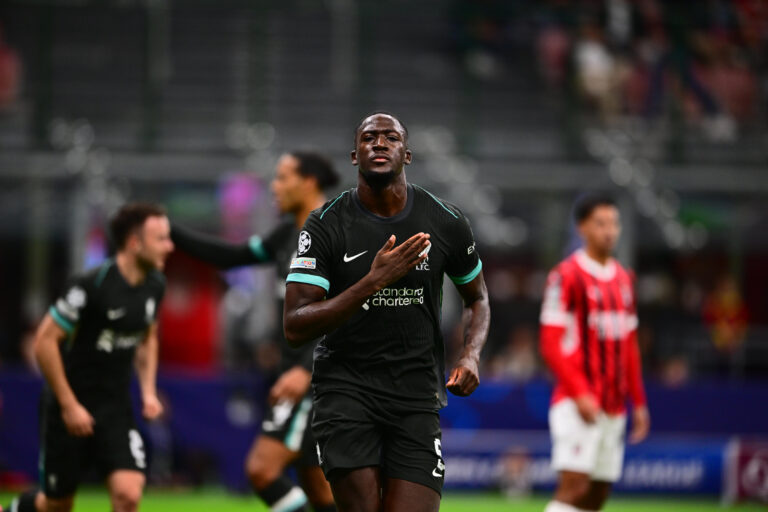 Ibrahima Konate of Liverpool FC celebrates after scoring his team&#039;s first goal during the UEFA Champions League 2024/25 League Phase MD1 match between AC Milan and Liverpool FC at Stadio Giuseppe Meazza (San Siro) on September 17, 2024 in Milan, Italy.   (Photo by Andrea Bruno Diodato/DeFodi Images) 
LIGA MISTRZOW PILKA NOZNA SEZON 2024/2025
FOT.DEFODI IMAGES/newspix.pl / 400mm.pl
POLAND ONLY!

---
newspix.pl / 400mm.pl