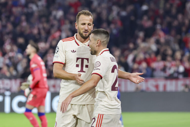 Harry Kane (FC Bayern Muenchen) celebrates after scoring his teams fourth goal with Raphael Guerreiro (FC Bayern Muenchen) during the UEFA Champions League 2024/25 League Phase MD1 match between FC Bayern Munchen and GNK Dinamo at Allianz Arena on September 17, 2024 in Munich, Germany.  (Photo by Marco Steinbrenner/DeFodi Images)
LIGA MISTRZOW PILKA NOZNA SEZON 2024/2025
FOT.DEFODI IMAGES/newspix.pl / 400mm.pl
POLAND ONLY!

---
newspix.pl / 400mm.pl