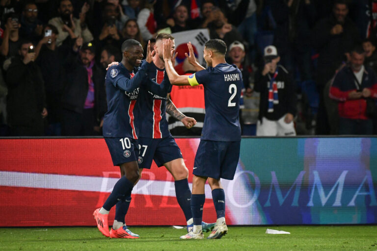 Paris Saint-Germain’s forward Ousmane Dembele celebrates scoring a goal with Paris Saint-Germain’s defender Milan Skriniar and Paris Saint-Germain’s defender Achraf Hakimi during the French L1 football match between Paris Saint-Germain and Stade Brestois 29 at the Parc des Princes stadium in Paris on September 14, 2024. Photo by Firas Abdullah/ABACAPRESS.COM
LIGA FRANCUSKA PILKA NOZNA SEZON 2024/2025
FOT. ABACA/newspix.pl / 400mm.pl
POLAND ONLY!
---
newspix.pl / 400mm.pl