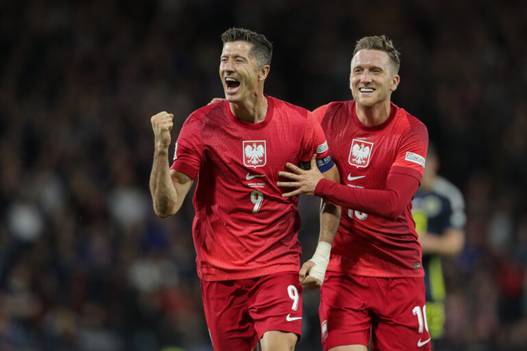 Robert Lewandowski of Poland (L) and Piotr Zielinski of Poland (R) celebrate after scoring a goal during UEFA Nations League 2024/2025 football match between Scotland and Poland at Hampden Park. Final score; Scotland 2:3 Poland.
fot. Grzegorz Wajda