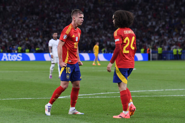 Fußball UEFA EURO, EM, Europameisterschaft,Fussball 2024 Finale Spanien - England am 14.07.2024 im Olympiastadion Berlin in Berlin Dani Olmo  Spanien , links - Marc Cucurella  Spanien , rechts *** Soccer UEFA EURO 2024 Final Spain England on 14 07 2024 at Olympiastadion Berlin in Berlin Dani Olmo Spain , left Marc Cucurella Spain , right xRx,Image: 897538766, License: Rights-managed, Restrictions: , Model Release: no, Credit line: Revierfoto / imago sport / Forum