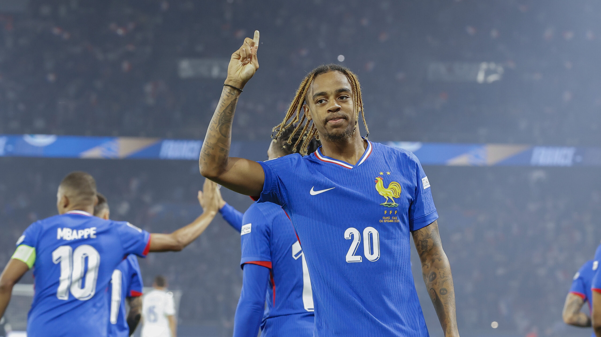 September 6, 2024, Paris, Paris, France: Bradley BARCOLA of FRANCE celebrating after scoring  during the UEFA Nation&#039;s League match between France and Italy at the Parc des Princes Stadium - on September 6  2024.Paris - France,Image: 905516876, License: Rights-managed, Restrictions: , Model Release: no, Credit line: Loic Baratoux / Zuma Press / Forum