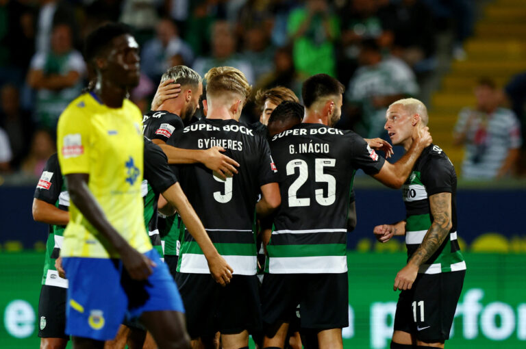 Soccer Football - Primeira Liga - Arouca v Sporting CP - Estadio Municipal de Arouca, Arouca, Portugal - September 13, 2024 Sporting CP&#039;s Nuno Santos celebrates their second goal, an own goal scored by Arouca&#039;s Mamadou Loum,Image: 907397005, License: Rights-managed, Restrictions: , Model Release: no, Credit line: Pedro Nunes / Reuters / Forum