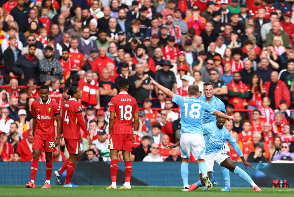 Soccer Football - Premier League - Liverpool v Nottingham Forest - Anfield, Liverpool, Britain - September 14, 2024 Nottingham Forest&#039;s Callum Hudson-Odoi celebrates scoring their first goal with James Ward-Prowse and Chris Wood  EDITORIAL USE ONLY. NO USE WITH UNAUTHORIZED AUDIO, VIDEO, DATA, FIXTURE LISTS, CLUB/LEAGUE LOGOS OR &#039;LIVE&#039; SERVICES. ONLINE IN-MATCH USE LIMITED TO 120 IMAGES, NO VIDEO EMULATION. NO USE IN BETTING, GAMES OR SINGLE CLUB/LEAGUE/PLAYER PUBLICATIONS. PLEASE CONTACT YOUR ACCOUNT REPRESENTATIVE FOR FURTHER DETAILS..,Image: 907617738, License: Rights-managed, Restrictions: NO USE WITH UNAUTHORIZED AUDIO, VIDEO, DATA, FIXTURE LISTS, CLUB/LEAGUE LOGOS OR “LIVE” SERVICES. ONLINE IN-MATCH USE LIMITED TO 45 IMAGES, NO VIDEO EMULATION. NO USE IN BETTING, GAMES OR SINGLE CLUB/LEAGUE/PLAYER PUBLICATIONS., Model Release: no, Credit line: Molly Darlington / Reuters / Forum