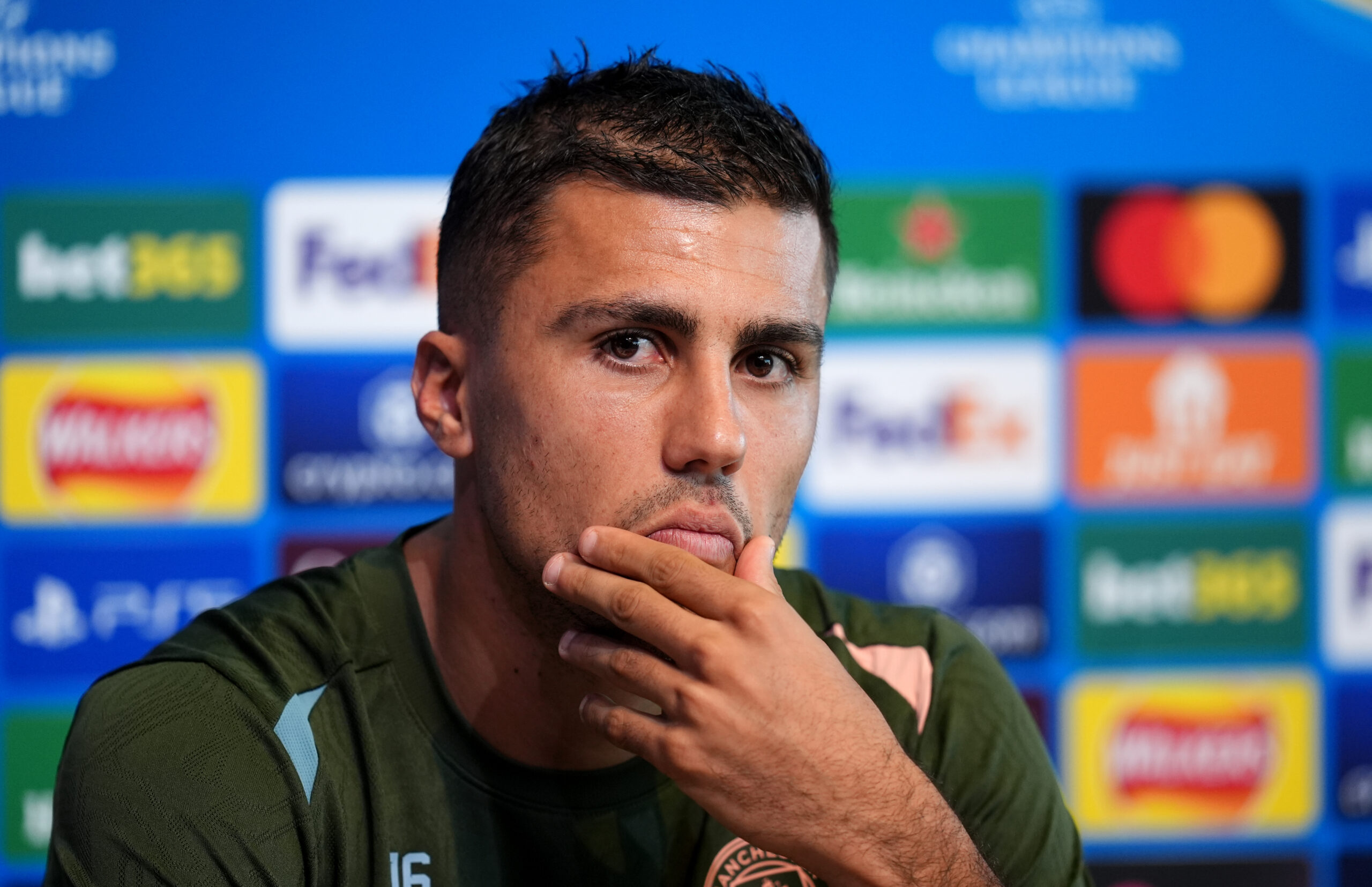 Manchester City&#039;s Rodri during a press conference at the City Football Academy, Manchester. Picture date: Tuesday September 17, 2024.,Image: 909038046, License: Rights-managed, Restrictions: Use subject to restrictions. Editorial use only, no commercial use without prior consent from rights holder., Model Release: no, Credit line: Martin Rickett / PA Images / Forum