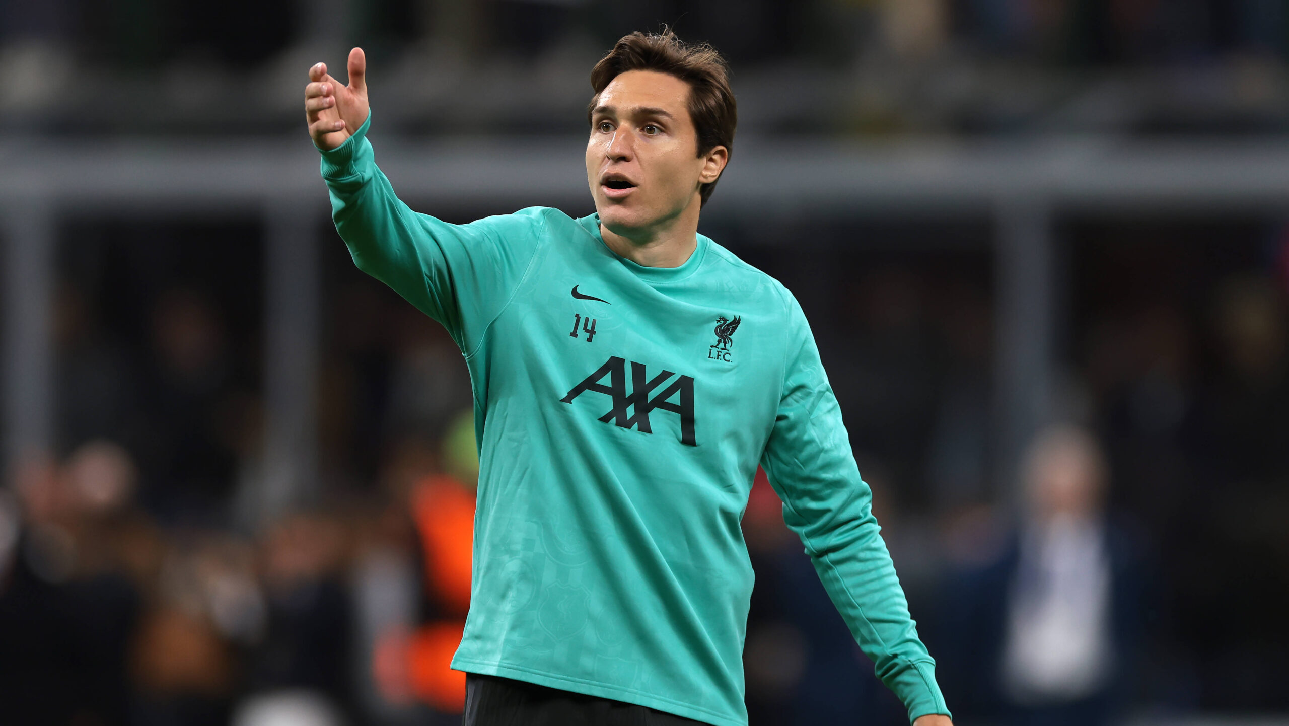 Milan, Italy, 17th September 2024. Federico Chiesa of Liverpool FC reacts during the warm up prior to the UEFA Champions League match at Giuseppe Meazza, Milan. Picture credit should read: / Sportimage EDITORIAL USE ONLY. No use with unauthorised audio, video, data, fixture lists, club/league logos or live services. Online in-match use limited to 120 images, no video emulation. No use in betting, games or single club/league/player publications. SPI-3297-0033,Image: 909217921, License: Rights-managed, Restrictions: , Model Release: no, Credit line: Jonathan Moscrop / imago sport / Forum