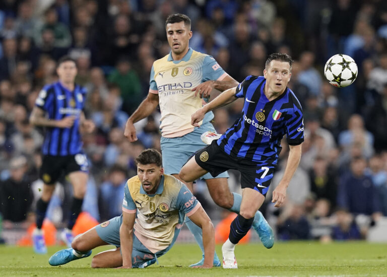 September 18, 2024, Manchester: Manchester, England, 18th September 2024. Ruben Dias of Manchester City tackles Piotr Zielinski of Inter Milan during the UEFA Champions League match at the Etihad Stadium, Manchester.,Image: 909566965, License: Rights-managed, Restrictions: * United Kingdom Rights OUT *, Model Release: no, Credit line: Andrew Yates / Zuma Press / Forum