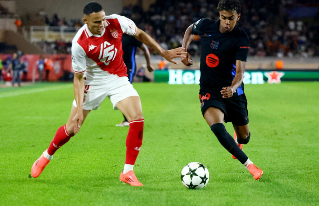 Soccer Football - Champions League - AS Monaco v FC Barcelona - Stade Louis II, Monaco - September 19, 2024 AS Monaco&#039;s Vanderson in action with FC Barcelona&#039;s Lamine Yamal,Image: 909865062, License: Rights-managed, Restrictions: , Model Release: no, Credit line: Manon Cruz / Reuters / Forum