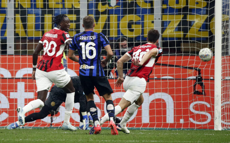 Soccer Football - Serie A - Inter Milan v AC Milan - San Siro, Milan, Italy - September 22, 2024 AC Milan&#039;s Matteo Gabbia scores their second goal,Image: 910802397, License: Rights-managed, Restrictions: , Model Release: no, Credit line: Alessandro Garofalo / Reuters / Forum