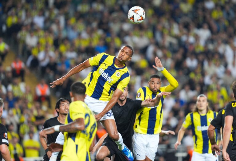 ISTANBUL, TURKIYE - SEPTEMBER 26: Rodrigo Becao (50) of Fenerbahce and Christian Burgess (16) of Union Saint-Gilloise compete during the UEFA Europa League first-week match between Fenerbahce and Union Saint-Gilloise at Ulker Fenerbahce Sukru Saracoglu Stadium in Istanbul, Turkiye on September 26, 2024. Agit Erdi Ulukaya / Anadolu/ABACAPRESS.COM,Image: 912304909, License: Rights-managed, Restrictions: , Model Release: no, Credit line: AA/ABACA / Abaca Press / Forum