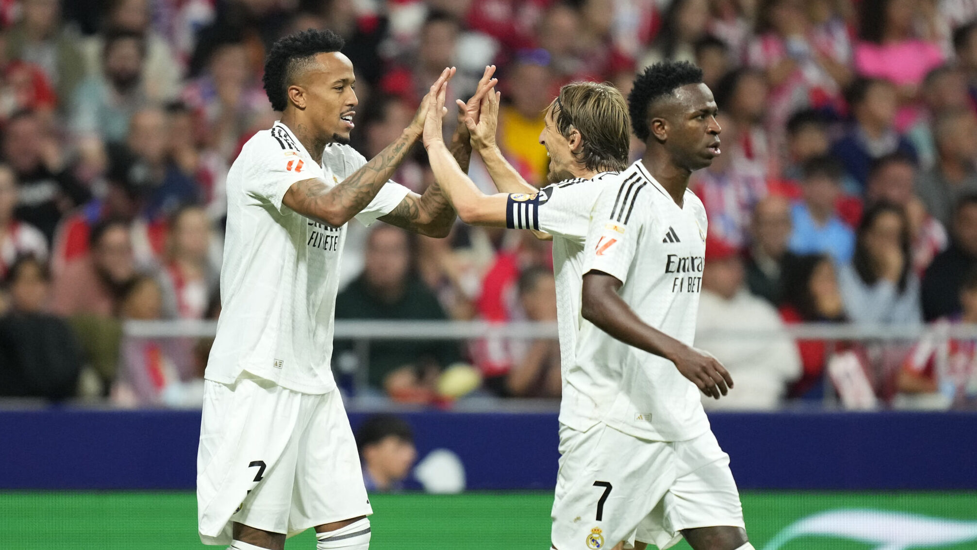 MADRID, SPAIN - SEPTEMBER 29: Eder Militao centre-back of Real Madrid and Brazil celebrates after scoring his sides first goal during the LaLiga match between Atletico de Madrid and Real Madrid CF at Estadio Civitas Metropolitano on September 29, 2024 in Madrid, Spain. Jose Hernandez / Anadolu/ABACAPRESS.COM,Image: 913859866, License: Rights-managed, Restrictions: , Model Release: no, Credit line: AA/ABACA / Abaca Press / Forum