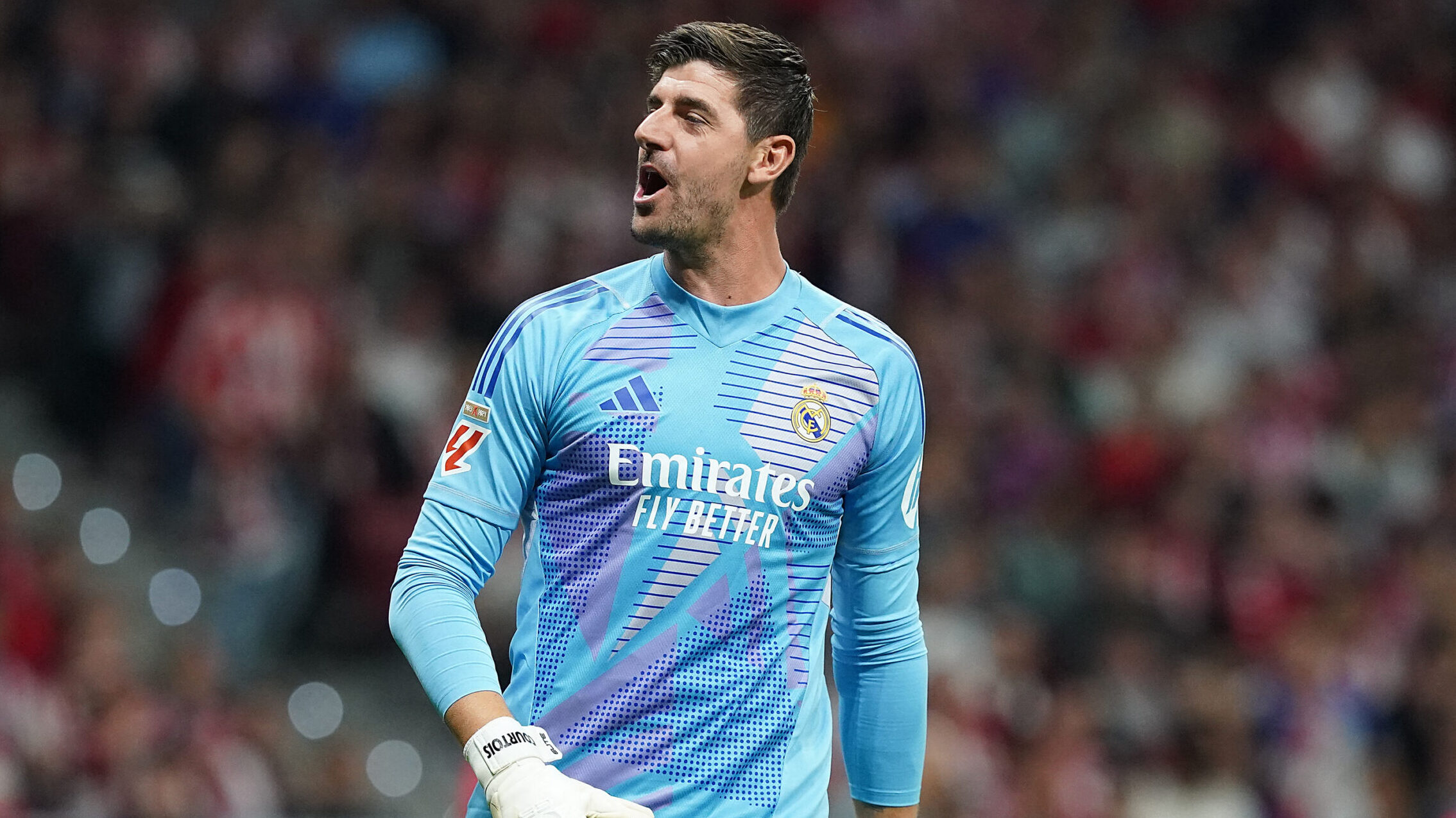 Real Madrid&#039;s Thibaut Courtois celebrates goal by confronting Atletico Madrid fans during La Liga match Real Madrid v Atletico Madrid on September 29, 2024 in Madrid, Spain.,Image: 913948336, License: Rights-managed, Restrictions: , Model Release: no, Credit line: Acero/AlterPhotos/ABACA / Abaca Press / Forum