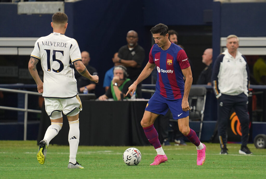 Arlington, Texas, United States: Barcelona&#039;s Robert Lewandowski in action during the Soccer Champions Tour game between Barcelona and Real Madrid played at AT&amp;T Stadium on Saturday July 29, 2023.  (Photo by Javier Vicencio / Eyepix Group/Sipa USA)
2023.07.29 Arlington
pilka nozna sparing
FC Barcelona - Real Madryt
Foto Javier Vicencio / Eyepix Group/SIPA USA/PressFocus

!!! POLAND ONLY !!!