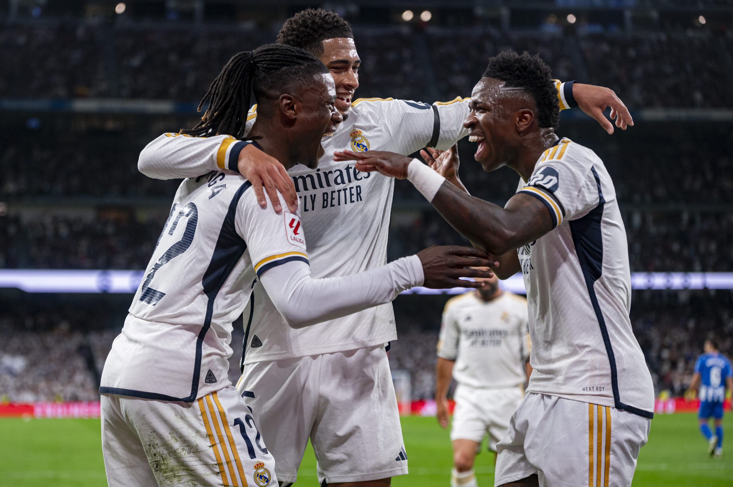 MADRID, SPAIN - MAY 14: Eduardo Camavinga (L), Jude Bellingham (C) and Vinicius Junior (R) of Real Madrid celebrates a goal during the La Liga EA Sports 2023/24 football match between Real Madrid vs Deportivo Alaves at Estadio Santiago Bernabeu on May 14, 2024 in Madrid, Spain. (Photo by Alberto Gardin/IPA Sport / ipa-a/IPA/Sipa USA)
2024.05.14 Madryt
pilka nozna , liga hiszpanska
Real Madryt - Deportivo Alaves
Foto Alberto Gardin/IPA Sport/ipa-agency.net/SIPA USA/PressFocus

!!! POLAND ONLY !!!