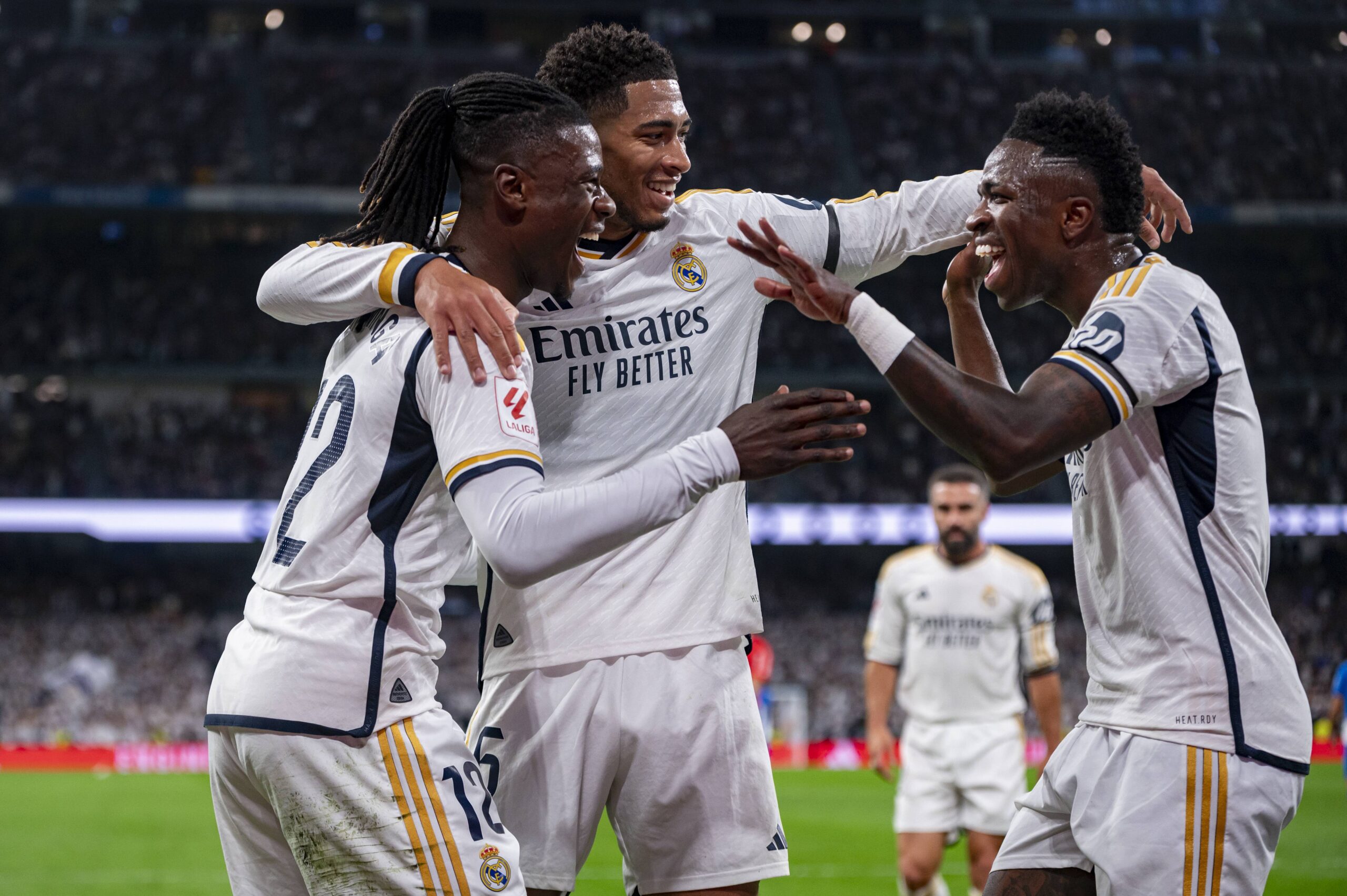 May 14, 2024, Madrid, Madrid, Spain: MADRID, SPAIN - MAY 14: Eduardo Camavinga (L), Jude Bellingham (C) and Vinicius Junior (R) of Real Madrid celebrates a goal during the La Liga EA Sports 2023/24 football match between Real Madrid vs Deportivo Alaves at Estadio Santiago Bernabeu on May 14, 2024 in Madrid, Spain. (Credit Image: © Alberto Gardin/ZUMA Press Wire) 
LIGA HISZPANSKA PILKA NOZNA SEZON 2023/2024
FOT. ZUMA/newspix.pl / 400mm.pl

POLAND ONLY !!!
---
newspix.pl / 400mm.pl