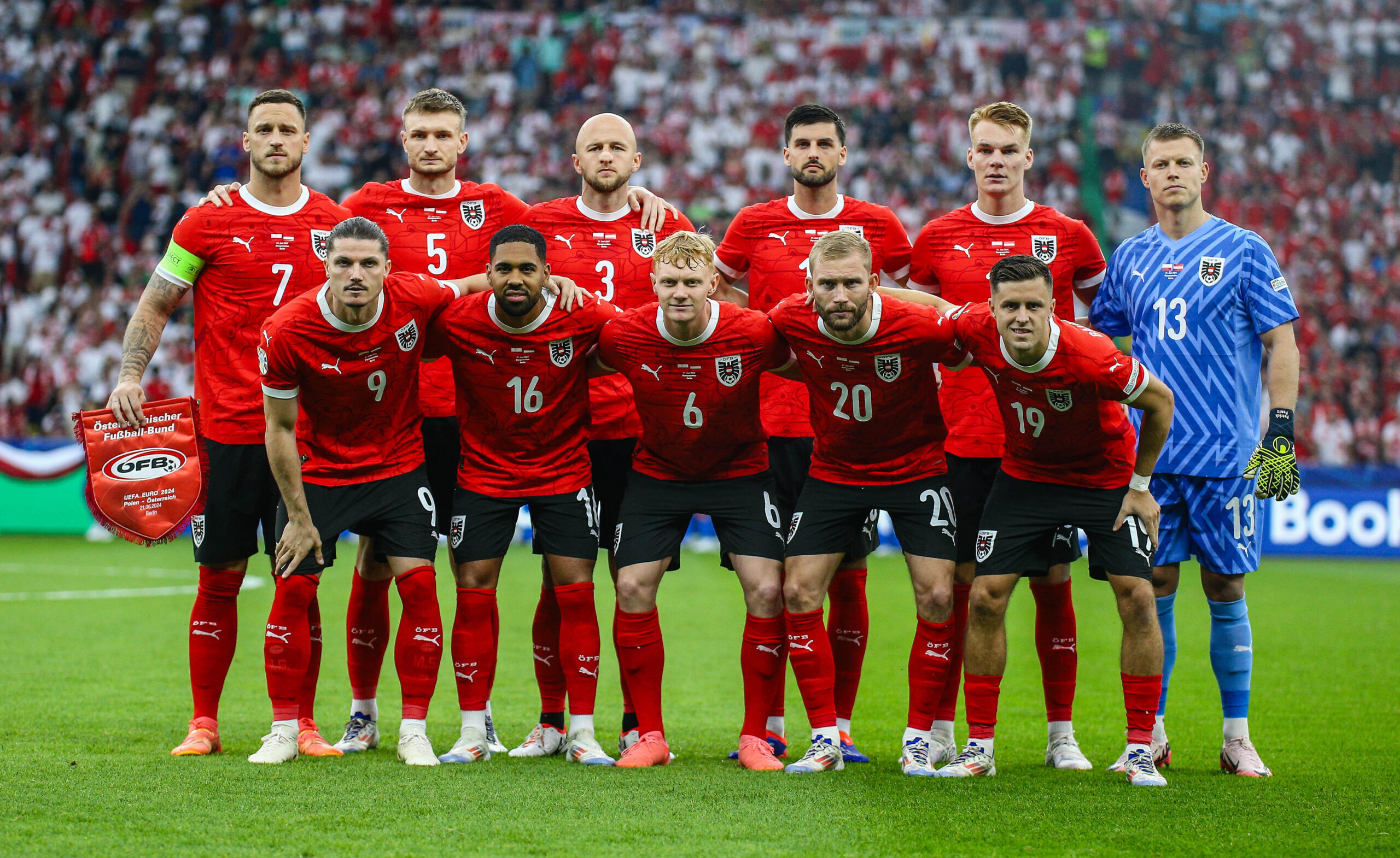 BERLIN 21.06.2024
MECZ II RUNDA GRUPA D MISTRZOSTW EUROPY 2024: POLSKA - AUSTRIA --- SECOND ROUND GROUP D UEFA EURO 2024 MATCH IN BERLIN: POLAND - AUSTRIA
NZ REPREZENTACJA AUSTRII MARKO ARNAUTOVIC STEFAN POSCH GERNOT TRAUNER FLORIAN GRILLITSCH PHILIPP LIENHART PATRICK PENTZ MARCEL SABITZER PHILLIPP MWENE NICOLAS SEIWALD KONRAD LAIMER CHRISTOPH BAUMGARTNER 
FOT. PATRYK PINDRAL/400MM.PL