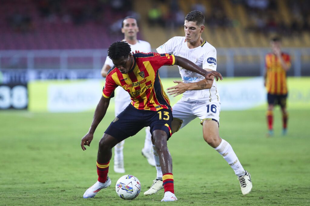 Patrick Dorgu of US Lecce competes for the ball against Matteo Prati of Cagliari Calcio  during  US Lecce vs Cagliari Calcio, Italian soccer Serie A match in Lecce, Italy, August 31 2024 (Photo by Massimiliano Carnabuci/IPA Sport/IPA/Sipa USA)
2024.08.31 Lecce
pilka nozna liga wloska
US Lecce - Cagliari Calcio
Foto Massimiliano Carnabuci/IPA Sport/ipa-agency.net/SIPA USA/PressFocus

!!! POLAND ONLY !!!