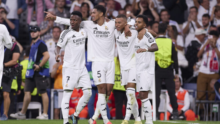 (From L to R) Vinicius Junior, Jude Bellingham, Kylian Mbappe of Real Madrid CF and Rodrygo Goes of Real Madrid CF celebrate a goal during the 2024/2025 UEFA Champions League week 1 football match between Real Madrid CF and VfB Stuttgart at Santiago Bernabeu stadium. Final score: Real Madrid CF 3 : 1 VfB Stuttgart (Photo by Federico Titone / SOPA Images/Sipa USA)
2024.09.17 Madryt
pilka nozna , Liga Mistrzow
Real Madryt - VfB Stuttgart
Foto Federico Titone/SOPA Images/SIPA USA/PressFocus

!!! POLAND ONLY !!!