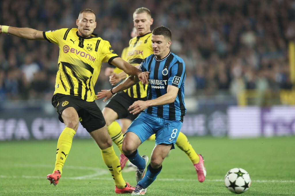 September 18, 2024, Brugge, Belgium: Borussia&#039;s Waldemar Anton and Club&#039;s Christos Tzolis fight for the ball during a soccer game between Belgian Club Brugge KV and German Borussia Dortmund, Wednesday 18 September 2024 in Brugge, on the day one of the UEFA Champions League league phase. (Credit Image: © Bruno Fahy/Belga via ZUMA Press) 
LIGA MISTRZOW UEFA PILKA NOZNA SEZON 2024/2025
FOT. ZUMA/newspix.pl / 400mm.pl

POLAND ONLY !!!
---
newspix.pl / 400mm.pl