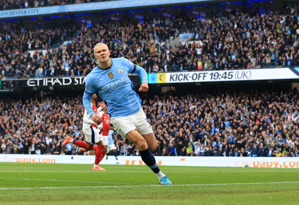 September 22, 2024, Manchester, Lancashire, England: 22nd September 2024; Etihad Stadium, Manchester, England; Premier League Football, Manchester City versus Arsenal; Erling Haaland of Manchester City celebrates after scoring for 1-0 after 9 minutes (Credit Image: © David Blunsden/Action Plus Sports via ZUMA Press Wire) 
LIGA ANGIELSKA PILKA NOZNA SEZON 2024/2025
FOT. ZUMA/newspix.pl / 400mm.pl

POLAND ONLY !!!
---
newspix.pl / 400mm.pl