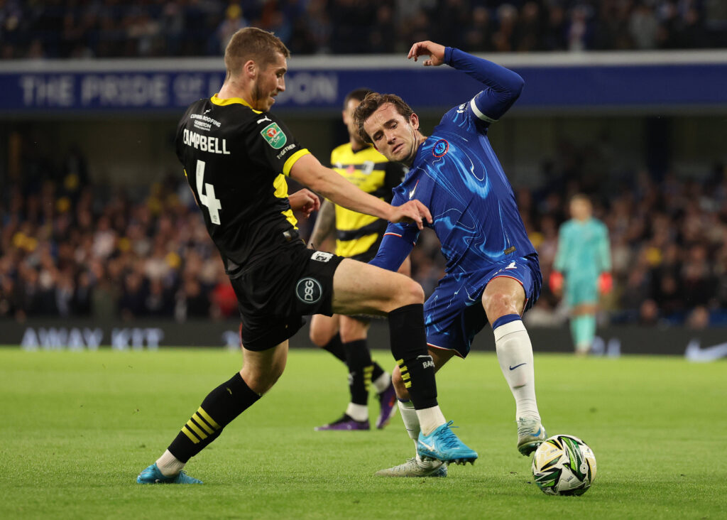 London, England, 24th September 2024. Barrows Dean Campbell and Chelsea s Ben Chilwell challenge for the ball during the Carabao Cup match at Stamford Bridge, London. Picture credit should read: Paul Terry / Sportimage EDITORIAL USE ONLY. No use with unauthorised audio, video, data, fixture lists, club/league logos or live services. Online in-match use limited to 120 images, no video emulation. No use in betting, games or single club/league/player publications. SPI-3330-0150
2024.09.24 Londyn
pilka nozna liga angielska
Chelsea - Barrow
Foto IMAGO/PressFocus

!!! POLAND ONLY !!!