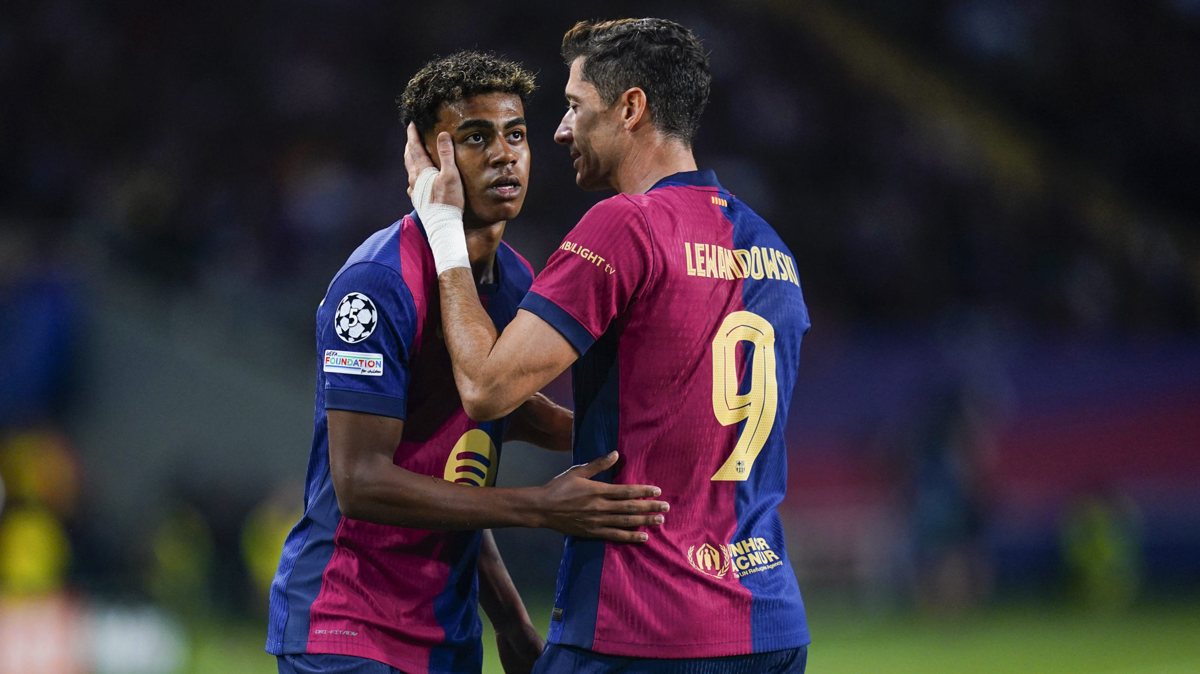 Lamine Yamal and Robert Lewandowski of FC Barcelonaduring the UEFA Champions League match, date 2, second leg, between FC Barcelona and BSC Young Boys played at Camp Nou Stadium on October 1, 2024 in Barcelona Spain. (Photo by Sergio Ruiz / Imago)  (Photo by pressinphoto/Sipa USA)
2024.10.01 Barcelona
pilka nozna Liga Mistrzow
FC Barcelona - BSC Young Boys Berno
Foto Sergio Ruiz/Imago/pressinphoto/SIPA USA/PressFocus

!!! POLAND ONLY !!!