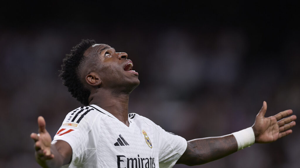 Vinicius Junior of Real Madrid CF celebrates a goal during the 2024/2025 La Liga EA Sports week 9 football match between Real Madrid CF and Villarreal CF at Santiago Bernabeu stadium. Final score: Real Madrid CF 2 : 0 Villarreal CF (Photo by Federico Titone / SOPA Images/Sipa USA)
2024.10.05 Madryt
pilka nozna , liga hiszpanska
Real Madryt - Villarreal CF
Foto Federico Titone/SOPA Images/SIPA USA/PressFocus

!!! POLAND ONLY !!!