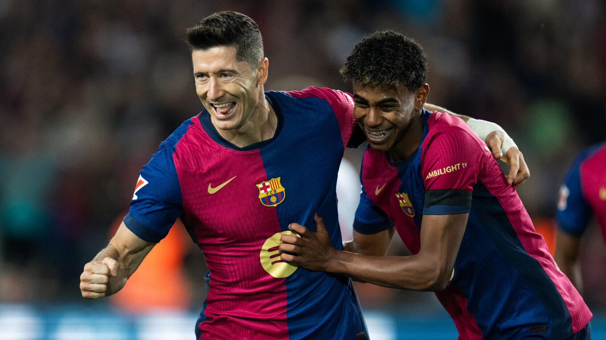 (241021) -- BARCELONA, Oct. 21, 2024 (Xinhua) -- Robert Lewandowski (L) and Lamine Yamal of FC Barcelona celebrate a goal during the La Liga football match between FC Barcelona and Sevilla FC in Barcelona, Spain, on Oct. 20, 2024 (Photo by Joan gosa/Xinhua)

2024.10.20 Barcelona
pilka nozna liga hiszpanska
FC Barcelona - Sevilla FC
Foto Joan gosa/Xinhua/PressFocus

!!! POLAND ONLY !!!