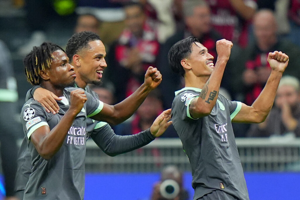 AC Milan&#039;s Tijjani Reijnders   celebrates after scoring 3-1   during the Uefa Champions League soccer match between Ac Milan and Club Brugge a at the San Siro Stadium in Milan, north Italy -Tuesday  , October 22 , 2024. Sport - Soccer . (Photo by Spada/LaPresse) (Photo by Spada/LaPresse/Sipa USA)
2024.10.22 Mediolan
pilka nozna liga Mistrzow
AC Milan - Club Brugge
Foto Spada/LaPresse/SIPA USA/PressFocus

!!! POLAND ONLY !!!